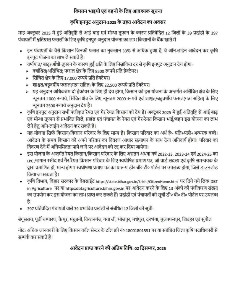 Bihar Krishi Input Anudan Yojana 2025 